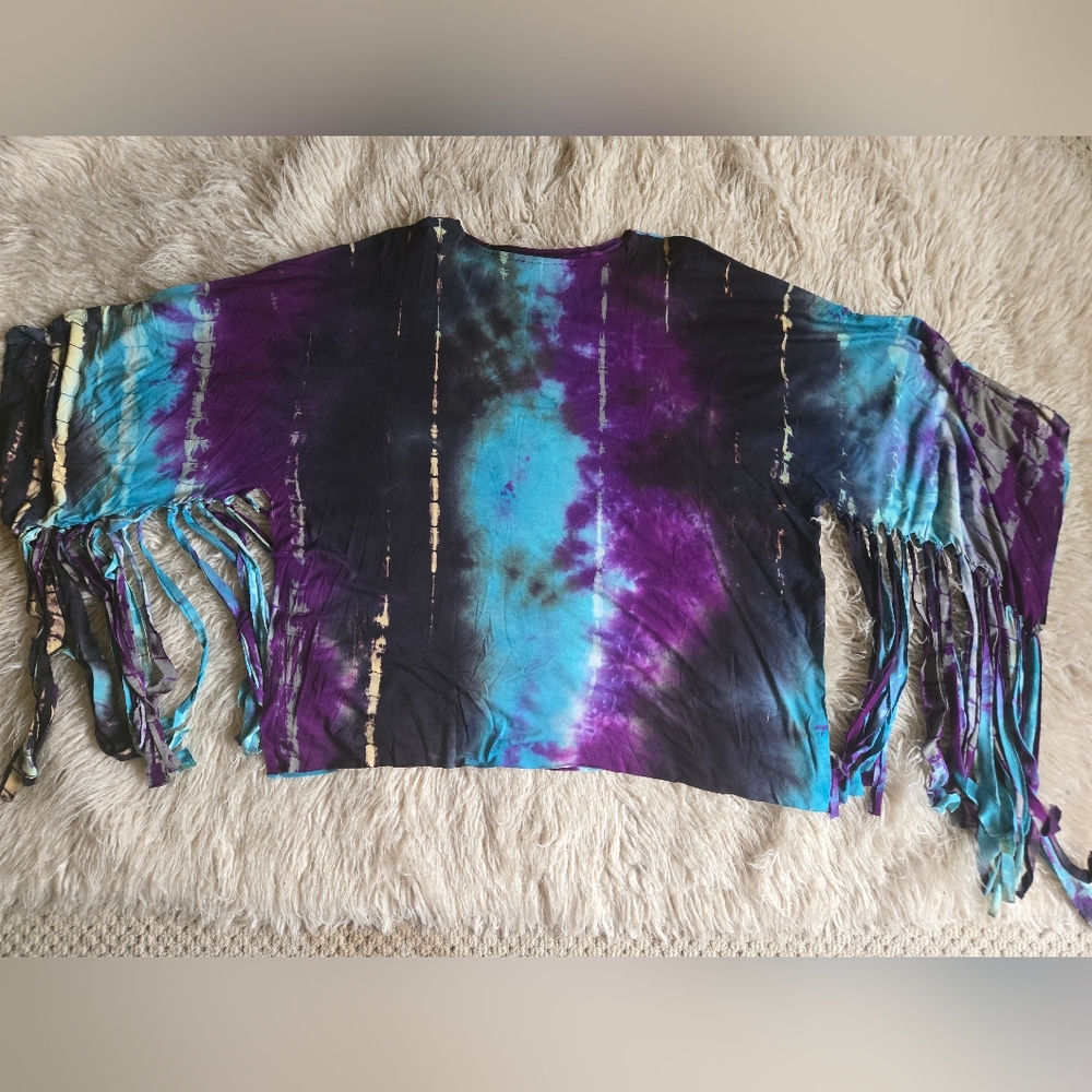 Tie-Dye Fringe Sleeve Women's Top - Purple and Blue